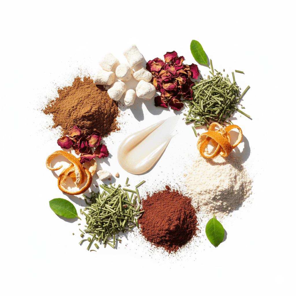 Différents ingrédients naturels utilisé dans la gamme Salem : rhassoul, shikakaï, sidr