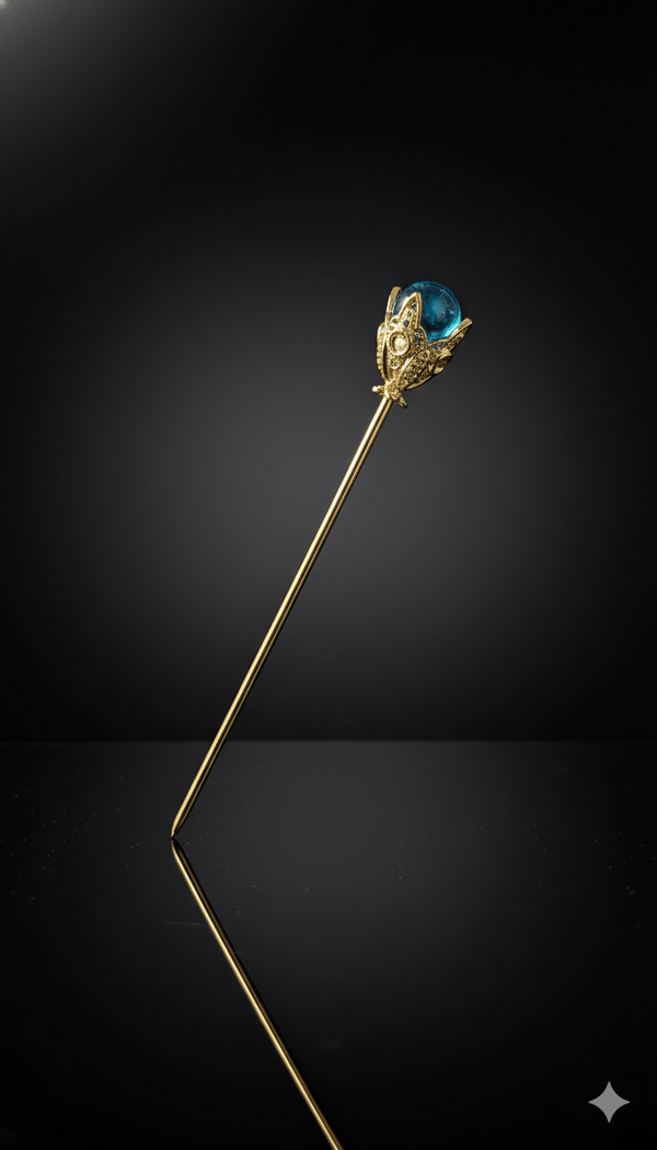 Baguette cheveux dorée Salem modèle Princess avec pierre bleue – accessoire capillaire raffiné et intemporel.