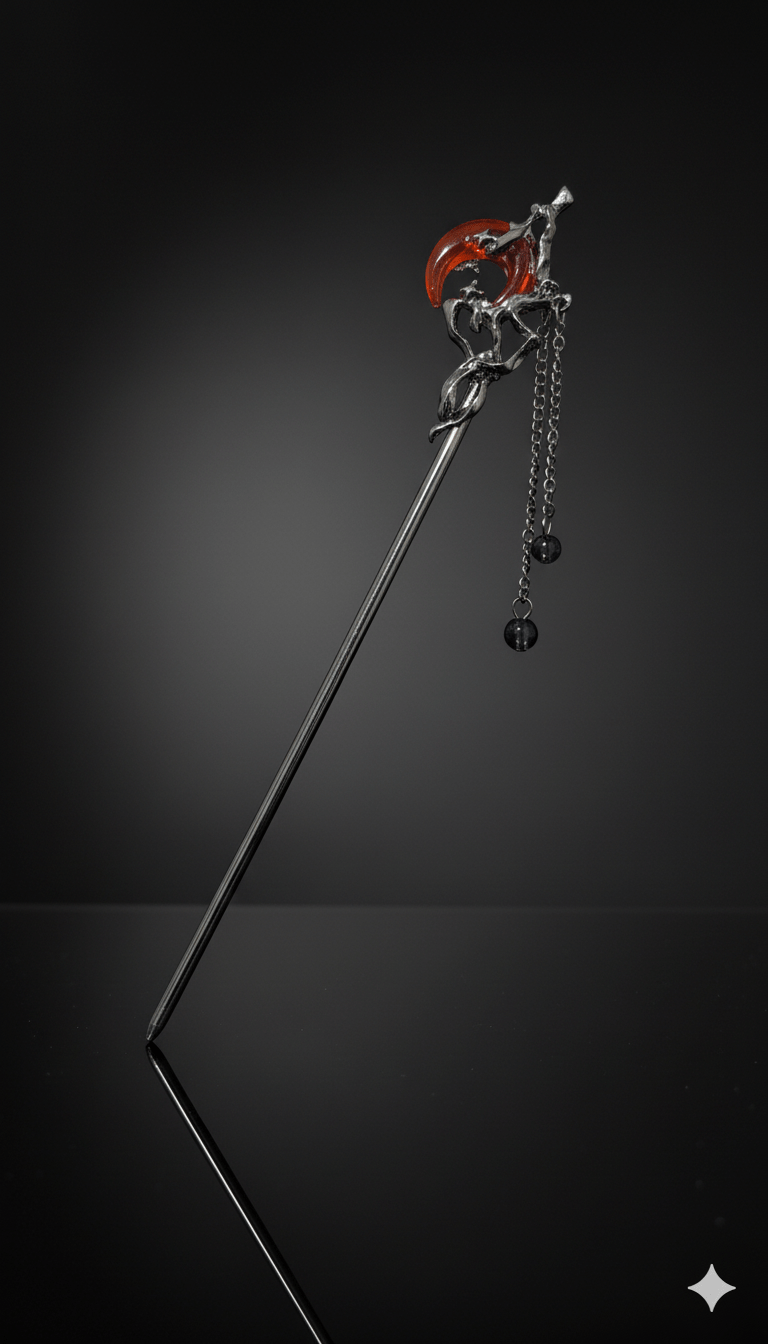 Baguette cheveux bois et métal Salem modèle Witchy avec croissant de lune argenté – accessoire capillaire mystique.