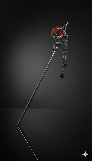 Baguette cheveux bois et métal Salem modèle Witchy avec croissant de lune argenté – accessoire capillaire mystique.