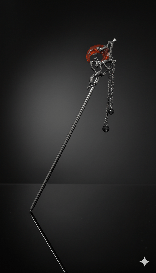 Baguette cheveux bois et métal Salem modèle Witchy avec croissant de lune argenté – accessoire capillaire mystique.