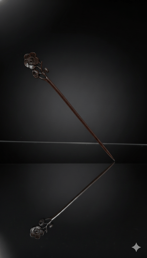 Baguette capillaire Salem en bois sombre modèle Camélia ornée d’une fleur sculptée – accessoire cheveux poétique.