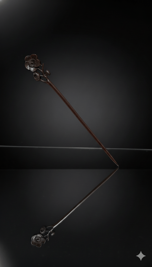 Baguette capillaire Salem en bois sombre modèle Camélia ornée d’une fleur sculptée – accessoire cheveux poétique.