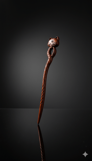 Baguette cheveux bois Salem modèle Mystic Kitty avec tête de chat sculptée – accessoire capillaire original et symbolique.