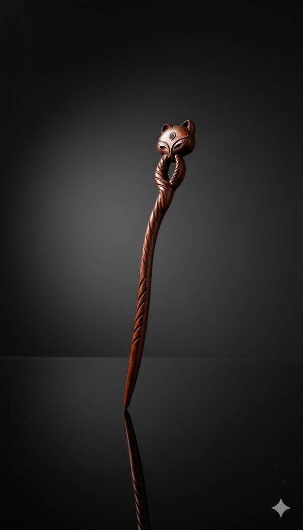 Baguette cheveux bois Salem modèle Mystic Kitty avec tête de chat sculptée – accessoire capillaire original et symbolique.