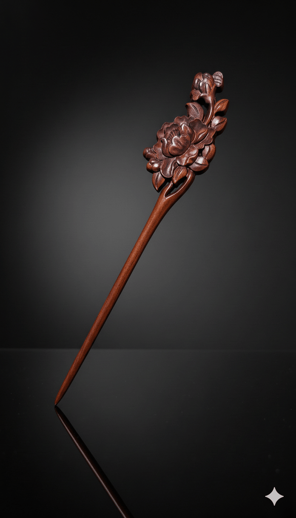 Baguette capillaire Salem en bois sculpté Floral Wood avec fleurs gravées – accessoire cheveux naturel et élégant.