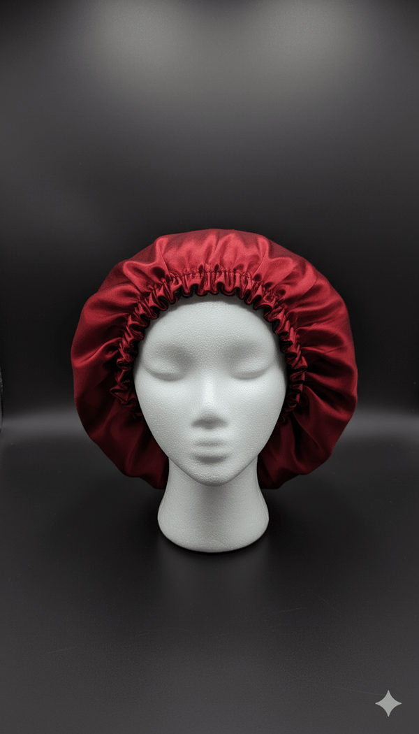 Bonnet en satin réversible Salem noir et rouge pour protéger les cheveux la nuit sans frisottis