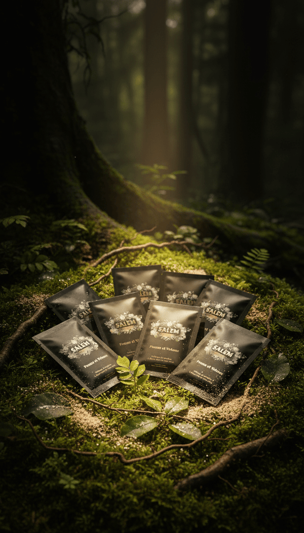 Sachets du Rituel Originel Salem – poudres végétales ayurvédiques pour purifier et renforcer le cuir chevelu.