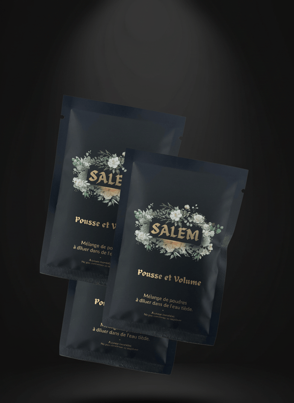 Sachets Rituel Originel Salem – poudres végétales ayurvédiques pour purifier et stimuler les cheveux.